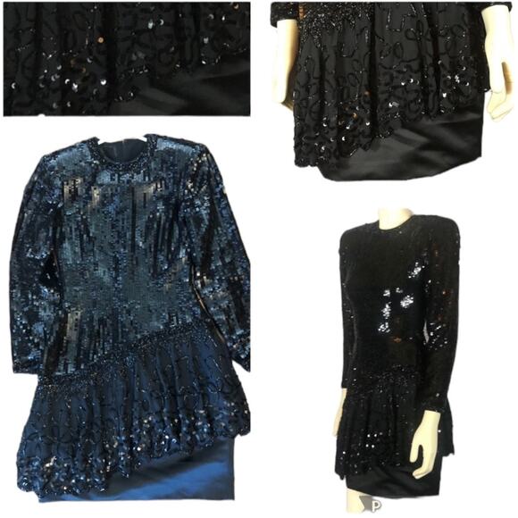 Vintage Sexy black Sequence and beaded long sleeved dress size 6 - Picture 5 of 12